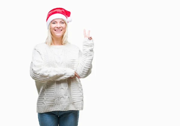 Jonge Mooie Blonde Vrouw Kerstmuts Dragen Geïsoleerde Achtergrond Glimlachend Met — Stockfoto