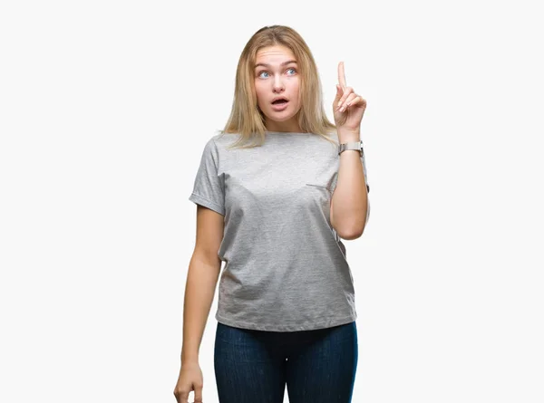 Young Caucasian Woman Isolated Background Pointing Finger Successful Idea Exited — Stock Photo, Image