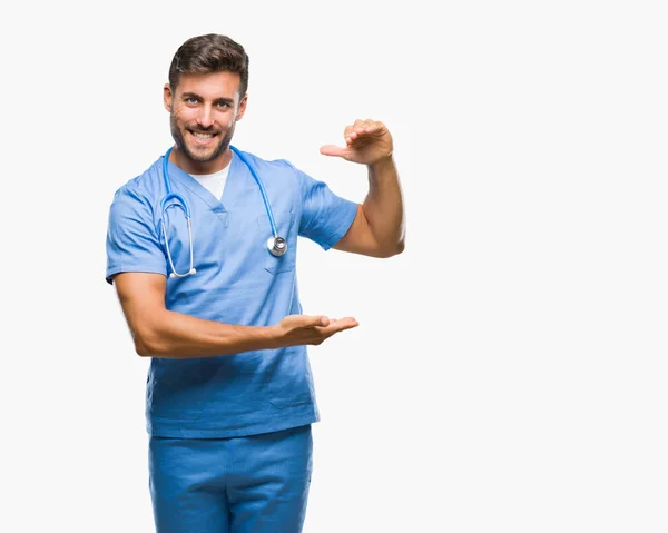 Young Handsome Doctor Surgeon Man Isolated Background Gesturing Hands Showing — Stock Photo, Image