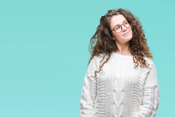 Mooie Brunette Krullend Haar Jong Meisje Winter Trui Dragen Geïsoleerde — Stockfoto