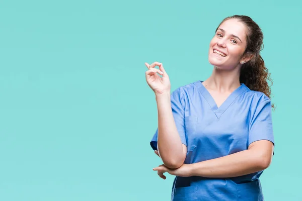 Junges Brünettes Doktormädchen Krankenschwester Oder Chirurgenuniform Vor Isoliertem Hintergrund Mit — Stockfoto