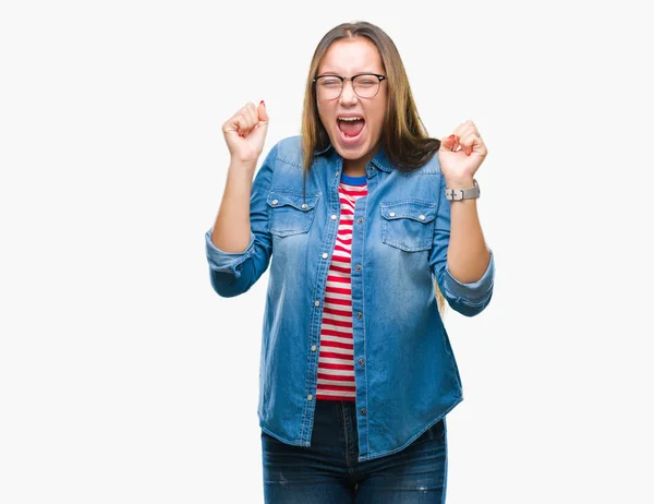 Joven Hermosa Mujer Caucásica Con Gafas Sobre Fondo Aislado Celebrando —  Fotos de Stock