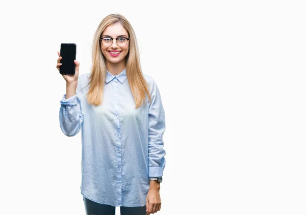 Junge Schöne Blonde Geschäftsfrau Zeigt Bildschirm Des Smartphones Über Isoliertem — Stockfoto