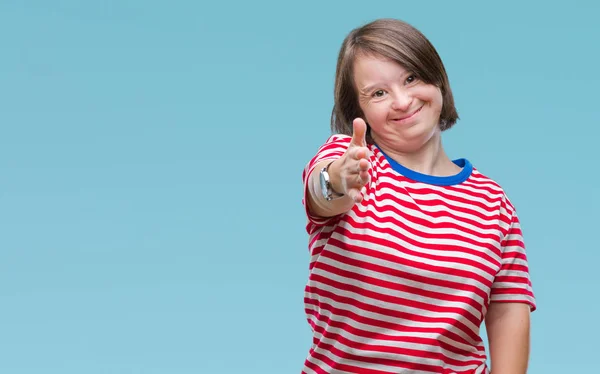 Junge Erwachsene Frau Mit Syndrom Über Isoliertem Hintergrund Lächelt Freundlich — Stockfoto