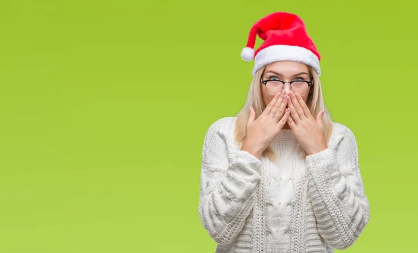 Young Caucasian Woman Wearing Christmas Hat Isolated Background Shocked Covering — Stock Photo, Image