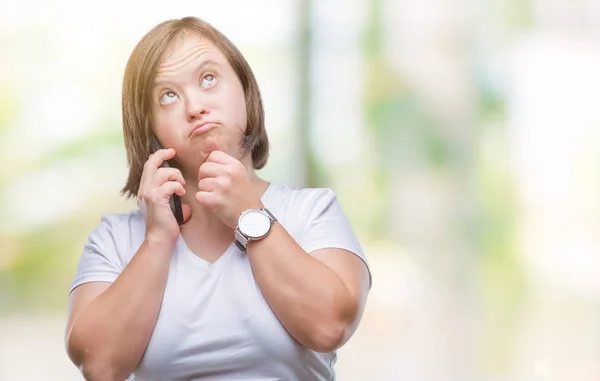 Young Adult Woman Syndrome Taking Using Smartphone Isolated Background Serious — Stock Photo, Image