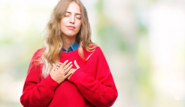 Mooie Jonge Blonde Vrouw Winter Trui Dragen Geïsoleerde Achtergrond Glimlachend — Stockfoto