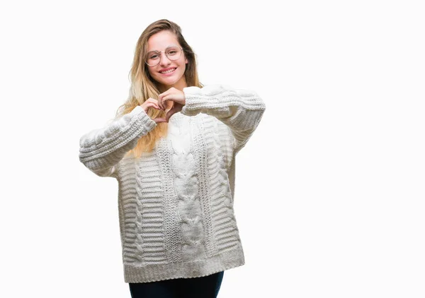 Junge Schöne Blonde Frau Mit Winterpullover Und Sonnenbrille Über Isoliertem — Stockfoto