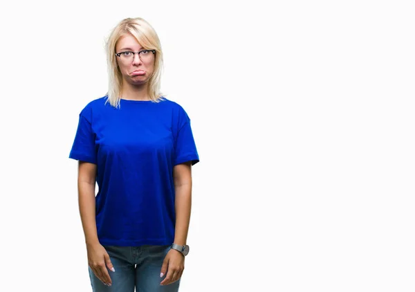 Mladá Krásná Blondýnka Nosí Brýle Izolované Pozadí Deprese Trápí Úzkost — Stock fotografie