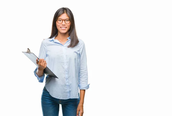 Young Asian Business Woman Isolated Background Holding Clipboard Happy Face — Stock Photo, Image