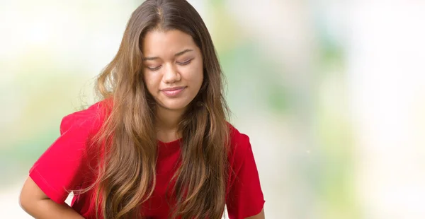 Young Beautiful Brunette Woman Wearing Red Shirt Isolated Background Hand — Stock Photo, Image