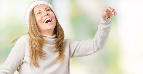 Mulher Meia Idade Bonita Vestindo Suéter Inverno Chapéu Sobre Fundo — Fotografia de Stock