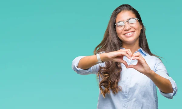 Jonge Mooie Arabische Vrouw Bril Geïsoleerde Achtergrond Glimlachend Liefde Met — Stockfoto