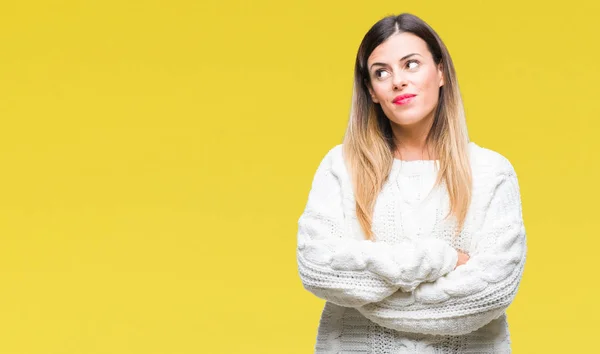 Mujer Hermosa Joven Suéter Blanco Casual Sobre Fondo Aislado Sonriendo —  Fotos de Stock