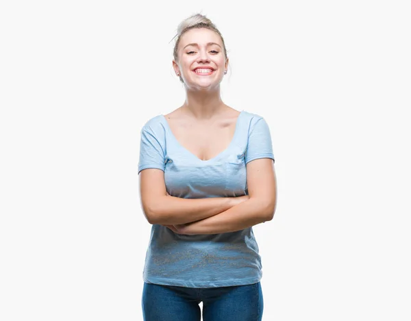 Jovem Loira Sobre Fundo Isolado Rosto Feliz Sorrindo Com Braços — Fotografia de Stock