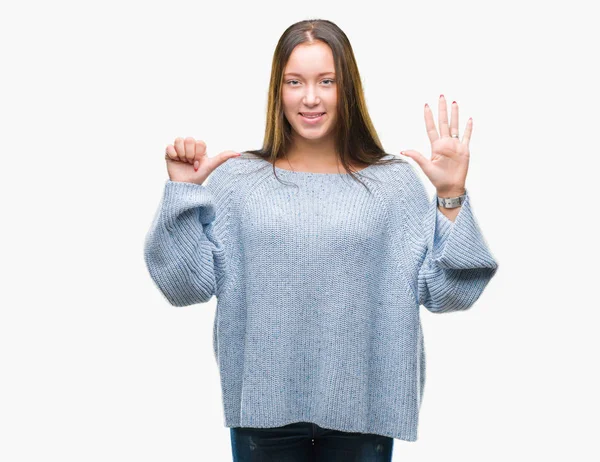 Young Beautiful Caucasian Woman Wearing Winter Sweater Isolated Background Showing — Stock Photo, Image