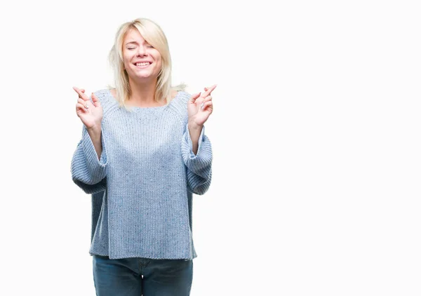 Giovane Bella Donna Bionda Indossa Maglione Invernale Sfondo Isolato Sorridente — Foto Stock