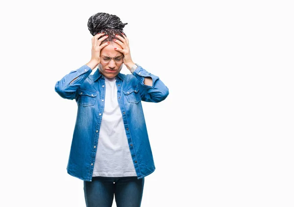 Genç Örgülü Saç Afro Amerikan Kız Gözlüklü Çünkü Umutsuz Stresli — Stok fotoğraf