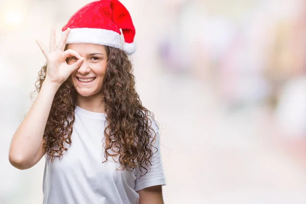 Jeune Fille Brune Portant Chapeau Noël Sur Fond Isolé Faisant — Photo