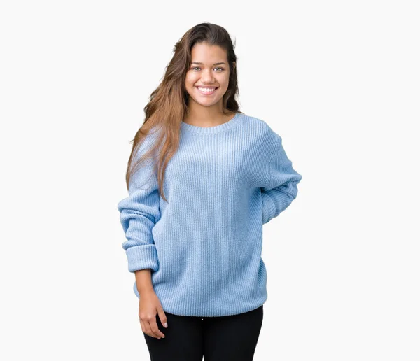 Junge Schöne Brünette Frau Trägt Blauen Winterpullover Über Isoliertem Hintergrund — Stockfoto