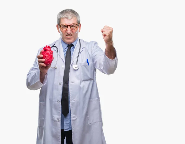 Przystojny Senior Kardiolog Lekarz Człowieka Posiadającego Serce Białym Tle Zirytowany — Zdjęcie stockowe