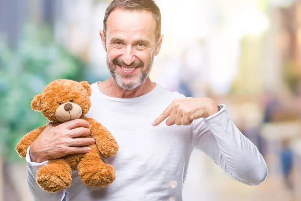Middle Age Senior Hoary Man Holding Teddy Bear Isolated Background — Stock Photo, Image