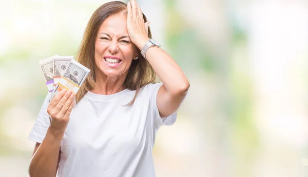 Middle Age Hispanic Woman Holding Bunch Dollars Isolated Background Stressed — Stock Photo, Image