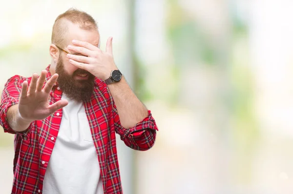 Young Caucasian Hipster Man Wearing Glasses Isolated Background Covering Eyes — Stock Photo, Image