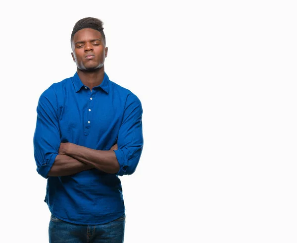 Hombre Afroamericano Joven Sobre Fondo Aislado Escéptico Nervioso Desaprobando Expresión — Foto de Stock