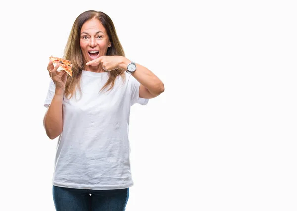 Middle Age Hispanic Woman Eating Pizza Slice Isolated Background Very — Stock Photo, Image