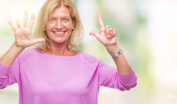 Middle Age Blonde Woman Isolated Background Showing Pointing Fingers Number — Stock Photo, Image