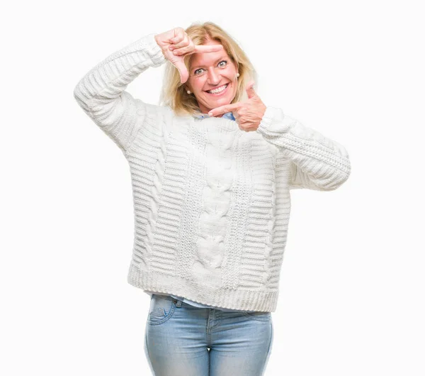 Blonde Frau Mittleren Alters Winterpullover Vor Isoliertem Hintergrund Lächelnd Mit — Stockfoto