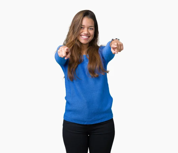 Jonge Mooie Brunette Vrouw Blauwe Trui Dragen Geïsoleerd Background Pointing — Stockfoto