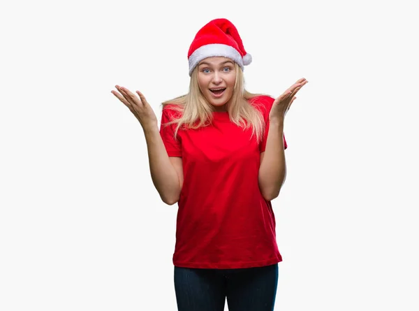 Mujer Caucásica Joven Con Sombrero Navidad Sobre Fondo Aislado Celebrando — Foto de Stock