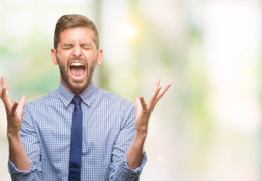 Genç iş adamı üzerinde arka plan deli kutluyor izole ve crazy arms ile başarı için kaldırdı ve heyecanlı çığlık gözleri kapalı yakışıklı. Kazanan kavramı