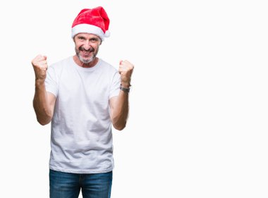 Orta yaş ağarmış komuta sizde izole arka plan kutlama üzerinde Noel şapka şaşırttı ve başarı için kaldırdı kollarını açarak hayret ve gözleri açık. Kazanan kavramı.