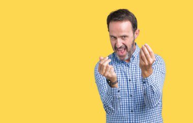 Yakışıklı orta yaş zarif komuta sizde izole arka plan yapıyor para üzerinden maaş ödeme için milyoner iş isteyen el ile jest