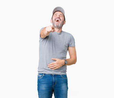 Yakışıklı orta yaş ağarmış kıdemli giyiyor spor kap üzerinde izole adam arka plan sizin parmak el kamerasıyla göğüs üzerinde utanç ifadesi işaret eden gülme