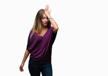 Genç güzel sarışın zarif kadın izole arka kafasına hata için el ile sürpriz yüzünden hata hatırlıyorum. Unuttum, kötü bellek kavramı.