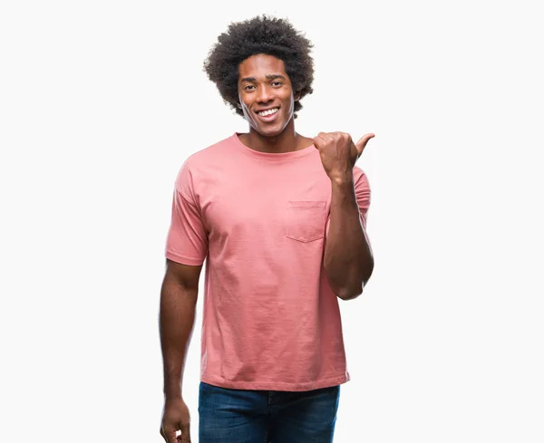 Afro American Man Isolated Background Smiling Happy Face Looking Pointing — Stock Photo, Image