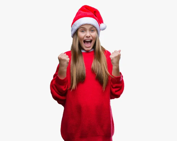 Menina Bonita Nova Vestindo Chapéu Natal Sobre Fundo Isolado Comemorando — Fotografia de Stock