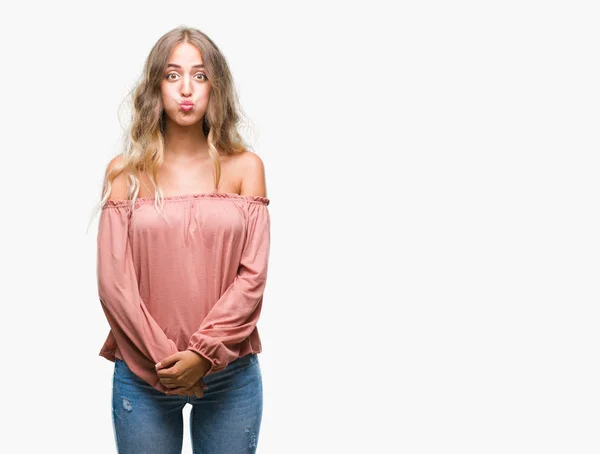 Beautiful Young Blonde Woman Isolated Background Puffing Cheeks Funny Face — Stock Photo, Image