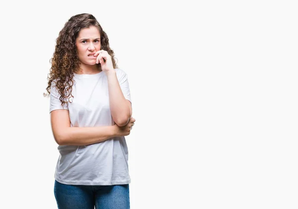 Schöne Brünette Lockige Haare Junges Mädchen Das Lässiges Shirt Über — Stockfoto