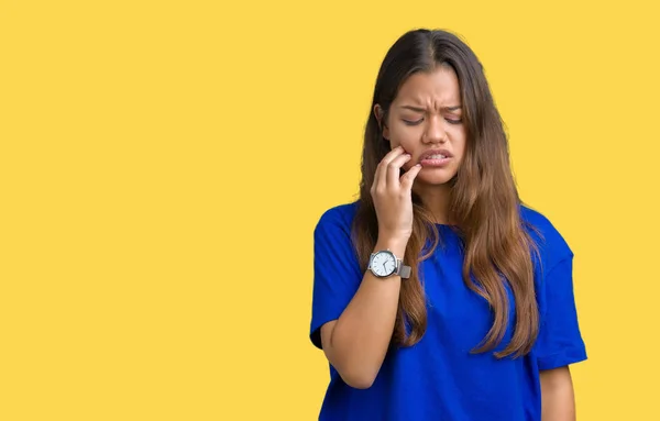 Junge Schöne Brünette Frau Die Blaues Shirt Über Isoliertem Hintergrund — Stockfoto