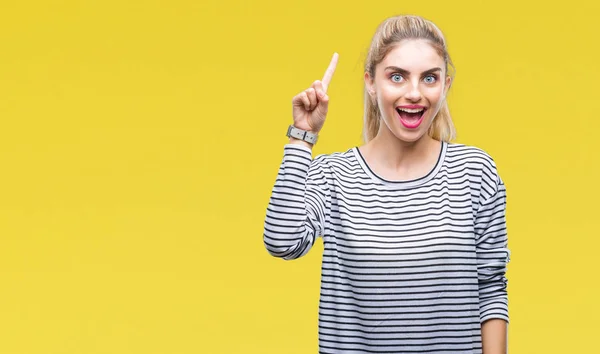 Jonge Mooie Blonde Vrouw Draagt Strepen Trui Geïsoleerde Achtergrond Vinger — Stockfoto