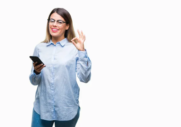 Jonge Mooie Zakelijke Vrouw Sms Bericht Smartphone Geïsoleerde Achtergrond Doen — Stockfoto