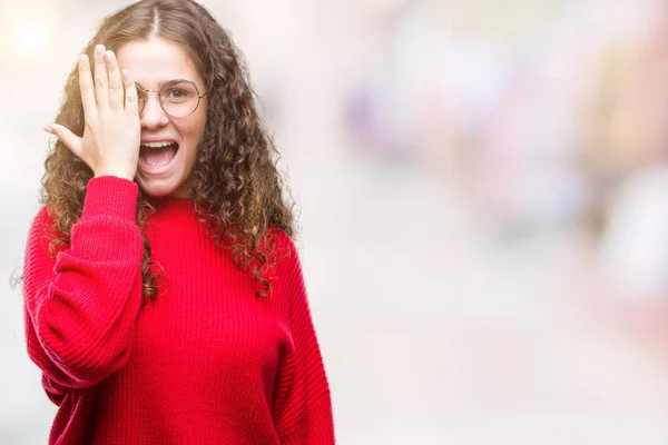 Beautiful Brunette Curly Hair Young Girl Wearing Glasses Winter Sweater — Stock Photo, Image