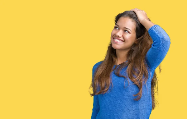 Jovem Bela Mulher Morena Vestindo Camisola Azul Sobre Fundo Isolado — Fotografia de Stock