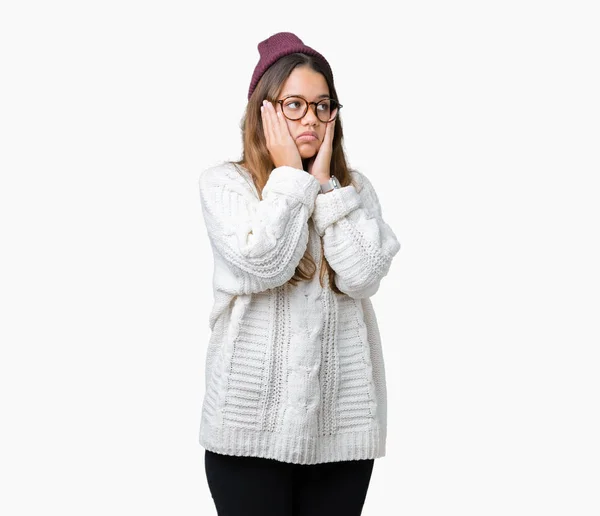 Young Beautiful Brunette Hipster Woman Wearing Glasses Winter Hat Isolated — Stock Photo, Image