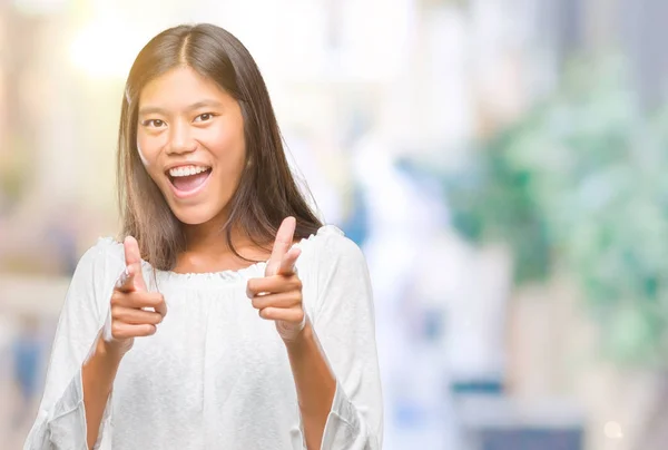 Young Asian Woman Isolated Background Pointing Fingers Camera Happy Funny — Stock Photo, Image